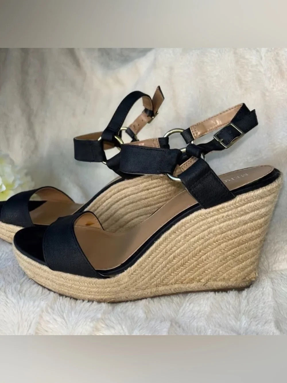 Time and Tru Black Espadrille Wedge Sandals with Ankle Buckle